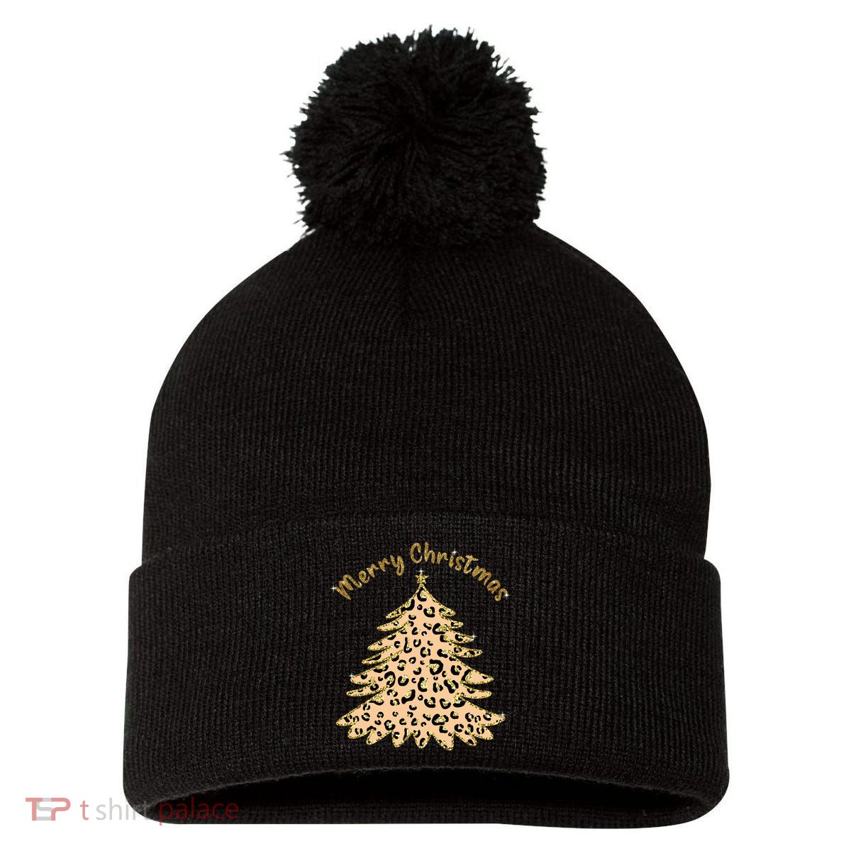 Merry Christmas Leopard Tree Holiday Pom Pom 12in Knit Beanie