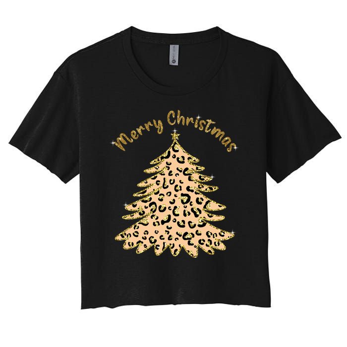 Merry Christmas Leopard Tree Holiday Women's Crop Top Tee