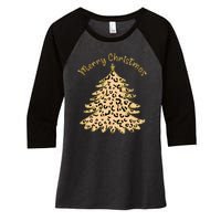 Merry Christmas Leopard Tree Holiday Women's Tri-Blend 3/4-Sleeve Raglan Shirt