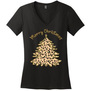 Merry Christmas Leopard Tree Holiday Women's V-Neck T-Shirt