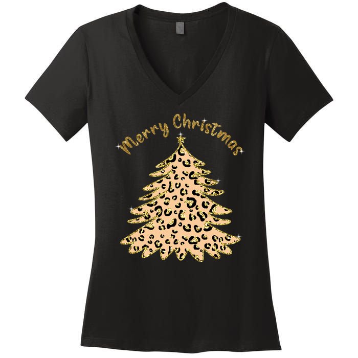 Merry Christmas Leopard Tree Holiday Women's V-Neck T-Shirt