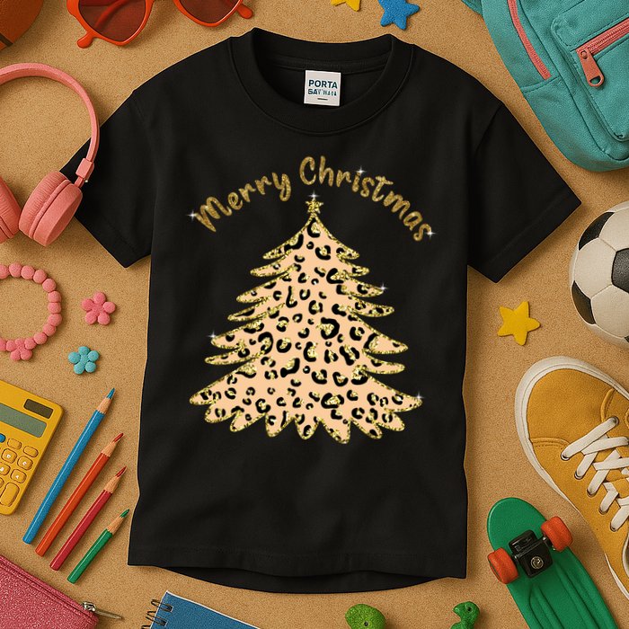 Merry Christmas Leopard Tree Holiday Kids T-Shirt