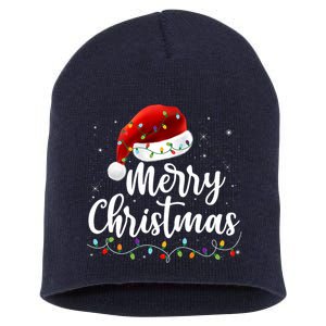 Merry Christmas Lights Red Santa Hat Xmas Family Short Acrylic Beanie