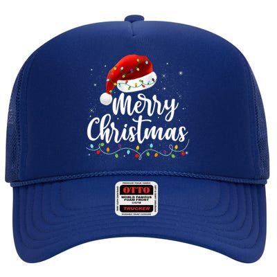 Merry Christmas Lights Red Santa Hat Xmas Family High Crown Mesh Back Trucker Hat