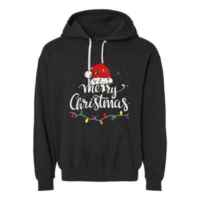 Merry Christmas Lights Red Santa Hat Xmas Family Garment-Dyed Fleece Hoodie