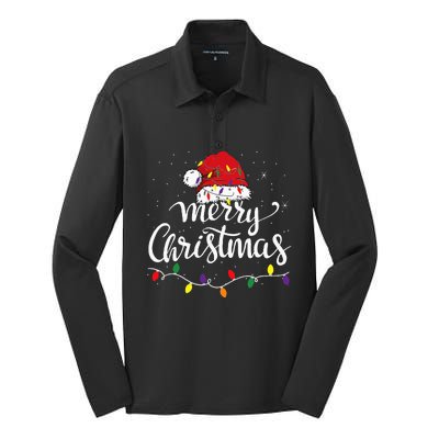 Merry Christmas Lights Red Santa Hat Xmas Family Silk Touch Performance Long Sleeve Polo