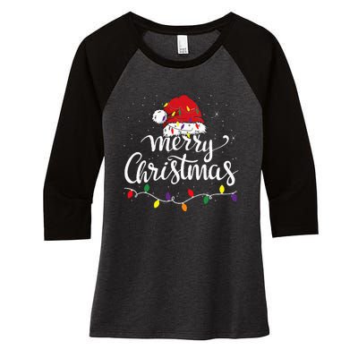 Merry Christmas Lights Red Santa Hat Xmas Family Women's Tri-Blend 3/4-Sleeve Raglan Shirt