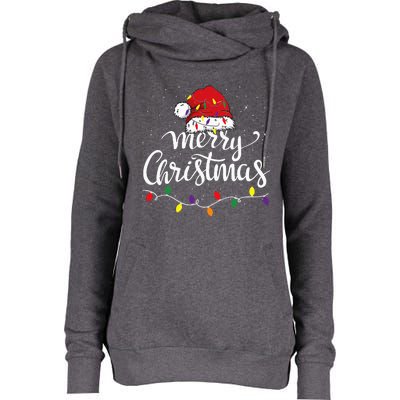 Merry Christmas Lights Red Santa Hat Xmas Family Womens Funnel Neck Pullover Hood