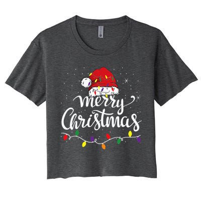 Merry Christmas Lights Red Santa Hat Xmas Family Women's Crop Top Tee