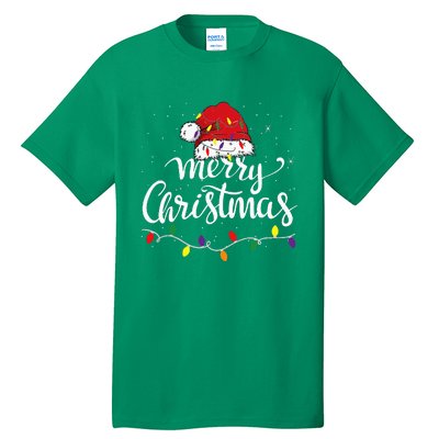 Merry Christmas Lights Red Santa Hat Xmas Family Tall T-Shirt