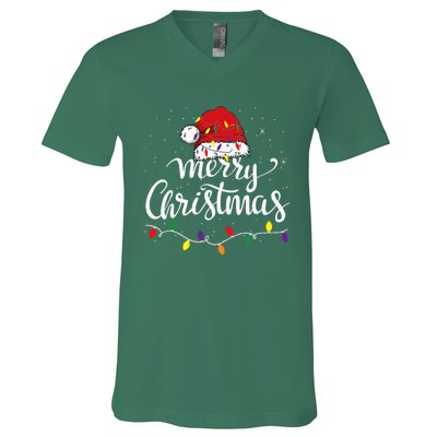 Merry Christmas Lights Red Santa Hat Xmas Family V-Neck T-Shirt