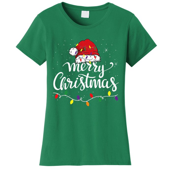 Merry Christmas Lights Red Santa Hat Xmas Family Women's T-Shirt