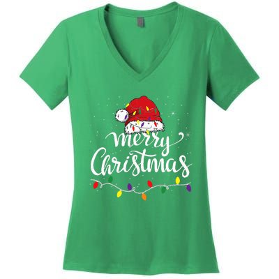 Merry Christmas Lights Red Santa Hat Xmas Family Women's V-Neck T-Shirt