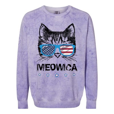 Meowica Cat Lover Kitty Us Flag Sunglasses Independence Day Gift Colorblast Crewneck Sweatshirt