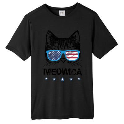 Meowica Cat Lover Kitty Us Flag Sunglasses Independence Day Gift Tall Fusion ChromaSoft Performance T-Shirt