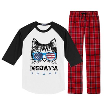 Meowica Cat Lover Kitty Us Flag Sunglasses Independence Day Gift Raglan Sleeve Pajama Set