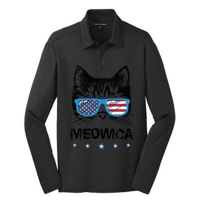 Meowica Cat Lover Kitty Us Flag Sunglasses Independence Day Gift Silk Touch Performance Long Sleeve Polo