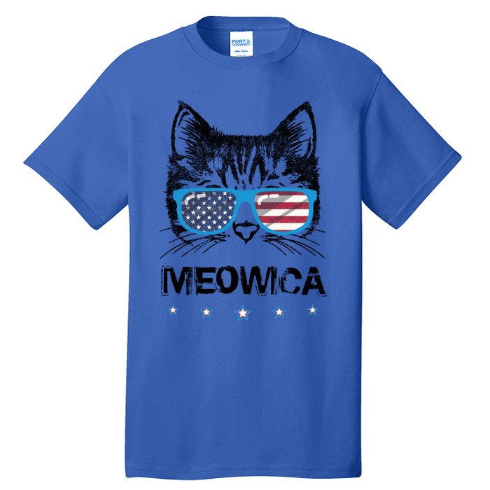 Meowica Cat Lover Kitty Us Flag Sunglasses Independence Day Gift Tall T-Shirt