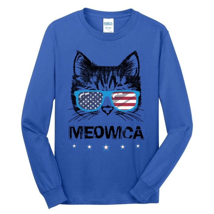 Meowica Cat Lover Kitty Us Flag Sunglasses Independence Day Gift Tall Long Sleeve T-Shirt