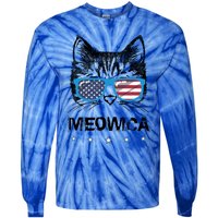 Meowica Cat Lover Kitty Us Flag Sunglasses Independence Day Gift Tie-Dye Long Sleeve Shirt