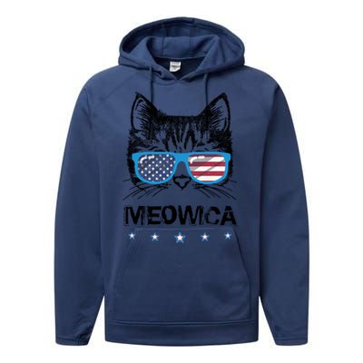 Meowica Cat Lover Kitty Us Flag Sunglasses Independence Day Gift Performance Fleece Hoodie