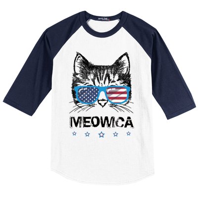 Meowica Cat Lover Kitty Us Flag Sunglasses Independence Day Gift Baseball Sleeve Shirt