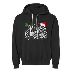 Merry Christmas Lights Red Santa Hat Xmas Family Garment-Dyed Fleece Hoodie