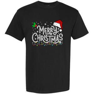 Merry Christmas Lights Red Santa Hat Xmas Family Garment-Dyed Heavyweight T-Shirt