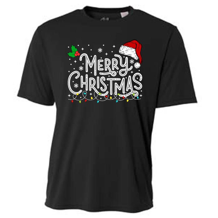 Merry Christmas Lights Red Santa Hat Xmas Family Cooling Performance Crew T-Shirt