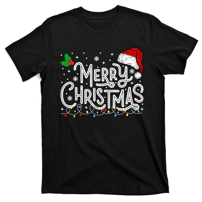 Merry Christmas Lights Red Santa Hat Xmas Family T-Shirt