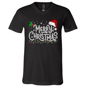 Merry Christmas Lights Red Santa Hat Xmas Family V-Neck T-Shirt