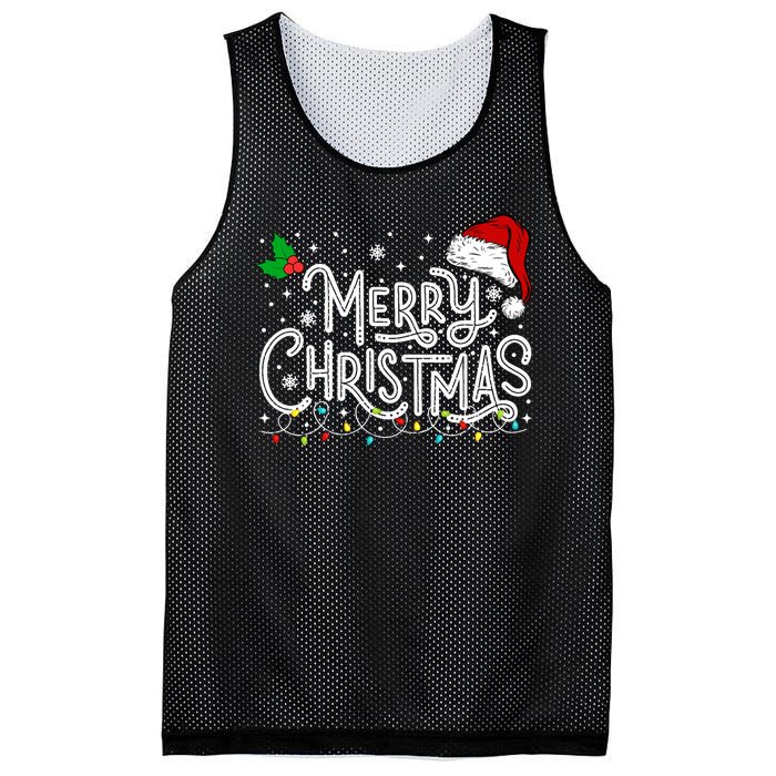 Merry Christmas Lights Red Santa Hat Xmas Family Mesh Reversible Basketball Jersey Tank