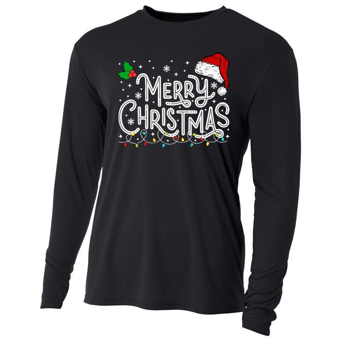 Merry Christmas Lights Red Santa Hat Xmas Family Cooling Performance Long Sleeve Crew