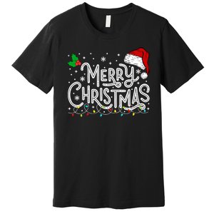 Merry Christmas Lights Red Santa Hat Xmas Family Premium T-Shirt