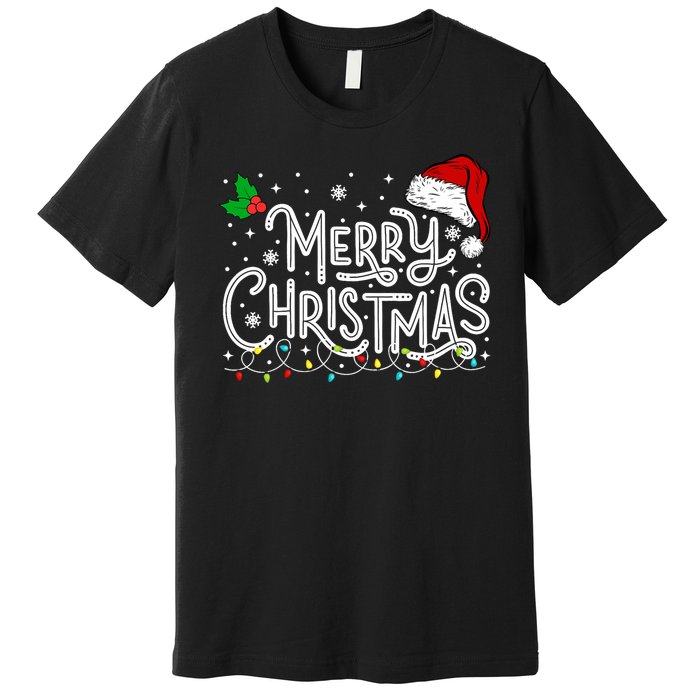 Merry Christmas Lights Red Santa Hat Xmas Family Premium T-Shirt