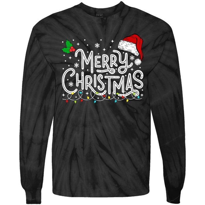 Merry Christmas Lights Red Santa Hat Xmas Family Tie-Dye Long Sleeve Shirt