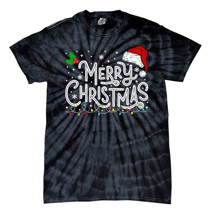 Merry Christmas Lights Red Santa Hat Xmas Family Tie-Dye T-Shirt