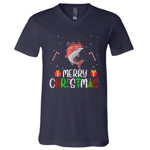 Merry Christmas Lights Salmon Reindeer Hat Xmas Pjs V-Neck T-Shirt