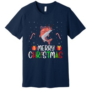 Merry Christmas Lights Salmon Reindeer Hat Xmas Pjs Premium T-Shirt