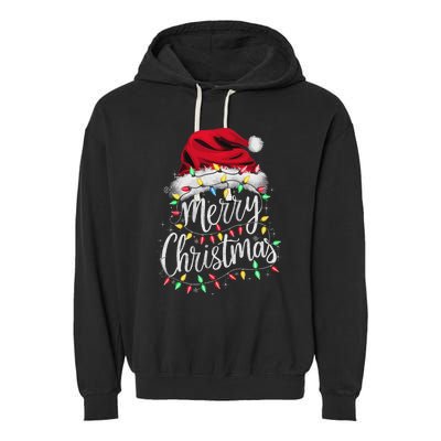 Merry Christmas Lights Red Santa Hat Xmas Family Women Garment-Dyed Fleece Hoodie