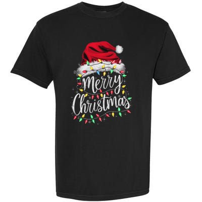 Merry Christmas Lights Red Santa Hat Xmas Family Women Garment-Dyed Heavyweight T-Shirt