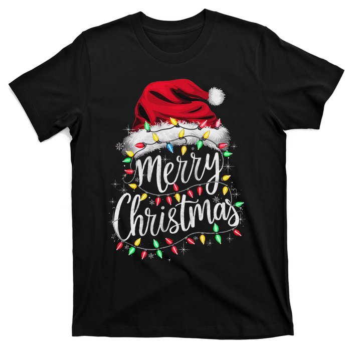 Merry Christmas Lights Red Santa Hat Xmas Family Women T-Shirt