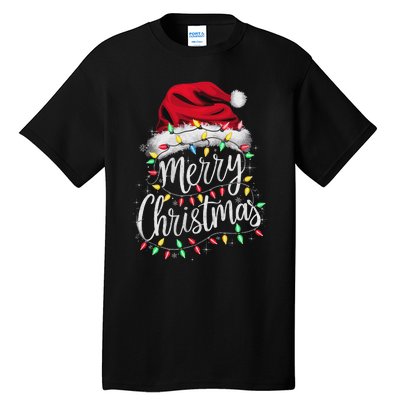 Merry Christmas Lights Red Santa Hat Xmas Family Women Tall T-Shirt