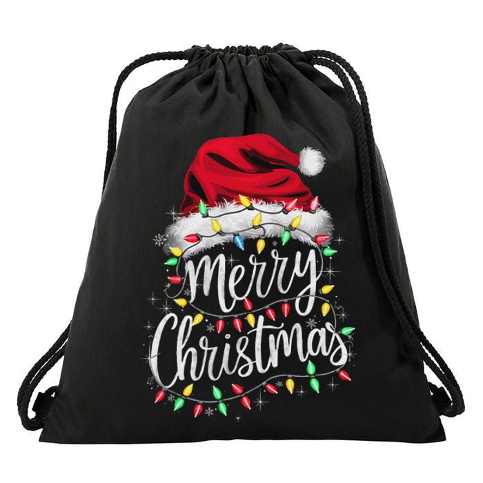 Merry Christmas Lights Red Santa Hat Xmas Family Women Drawstring Bag