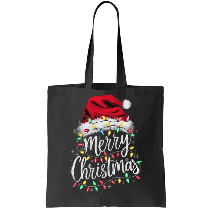 Merry Christmas Lights Red Santa Hat Xmas Family Women Tote Bag