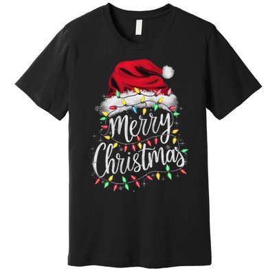 Merry Christmas Lights Red Santa Hat Xmas Family Women Premium T-Shirt