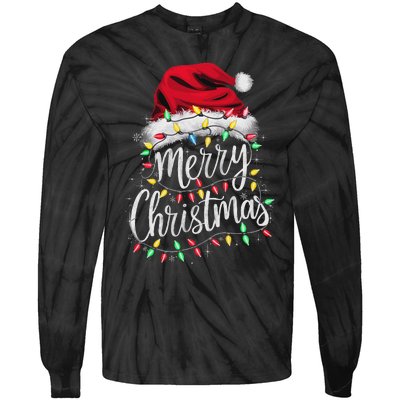 Merry Christmas Lights Red Santa Hat Xmas Family Women Tie-Dye Long Sleeve Shirt