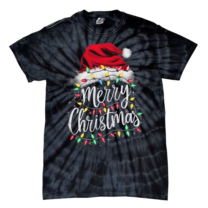 Merry Christmas Lights Red Santa Hat Xmas Family Women Tie-Dye T-Shirt