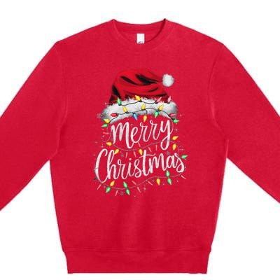 Merry Christmas Lights Red Santa Hat Xmas Family Women Premium Crewneck Sweatshirt