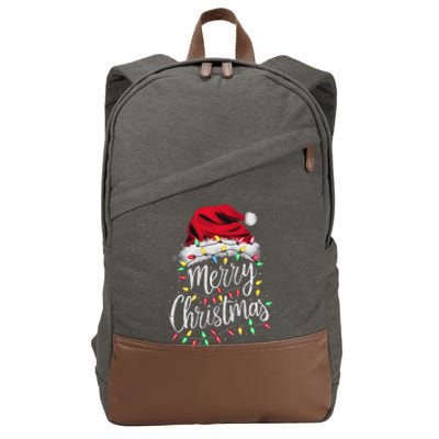 Merry Christmas Lights Red Santa Hat Xmas Family Women Cotton Canvas Backpack